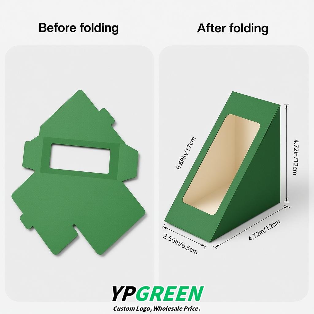 Green Triangle Paper Sandwich Boxes with Window 4.7x4.7x2.6 Inch - Factory Direct