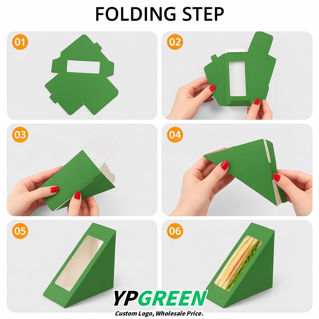 Green Triangle Paper Sandwich Boxes with Window 4.7x4.7x2.6 Inch - Factory Direct