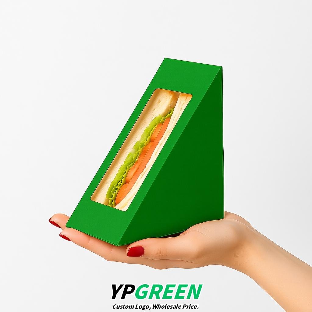 Green Triangle Paper Sandwich Boxes with Window 4.7x4.7x2.6 Inch - Factory Direct