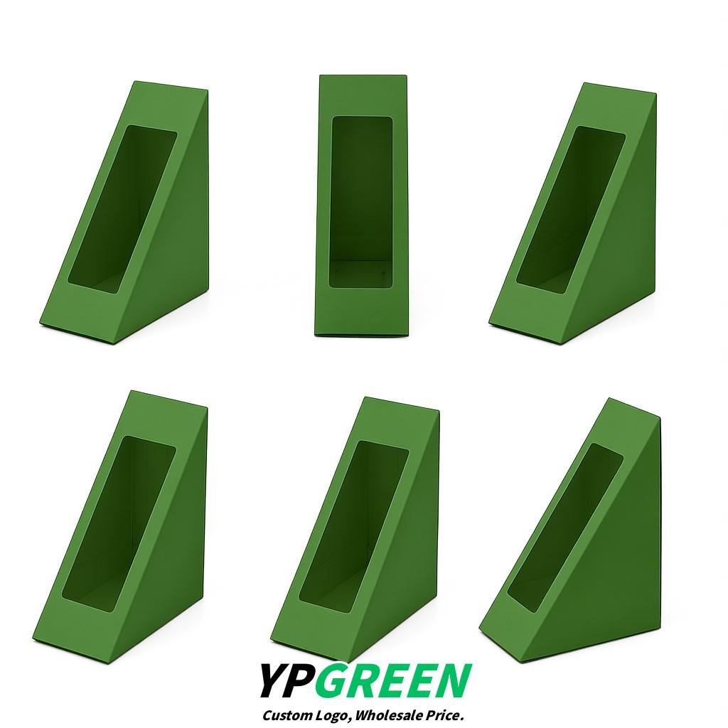 Green Triangle Paper Sandwich Boxes with Window 4.7x4.7x2.6 Inch - Factory Direct