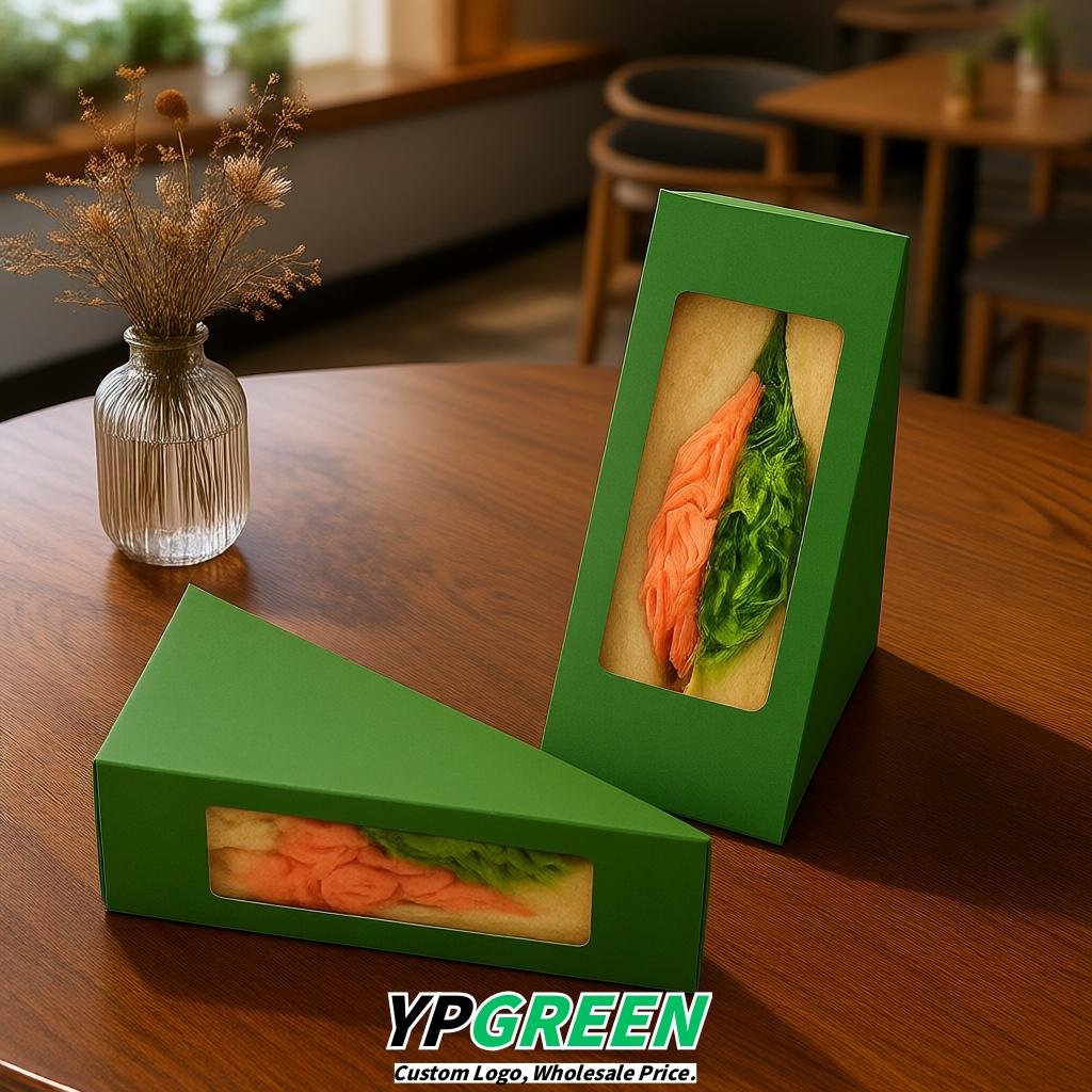 Green Triangle Paper Sandwich Boxes with Window 4.7x4.7x2.6 Inch - Factory Direct