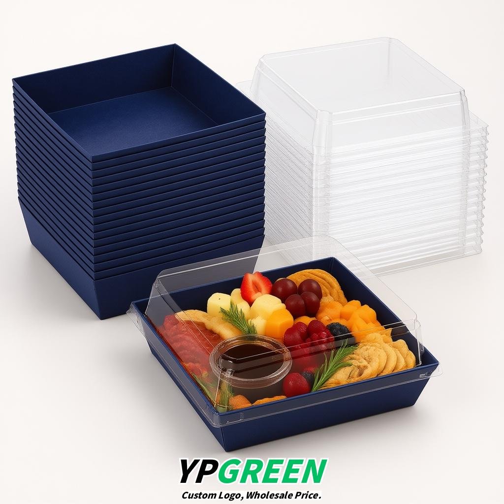 Indigo Charcuterie Boxes with Clear Lids - 4 inches & 5 inches Disposable Paper Square Food Containers