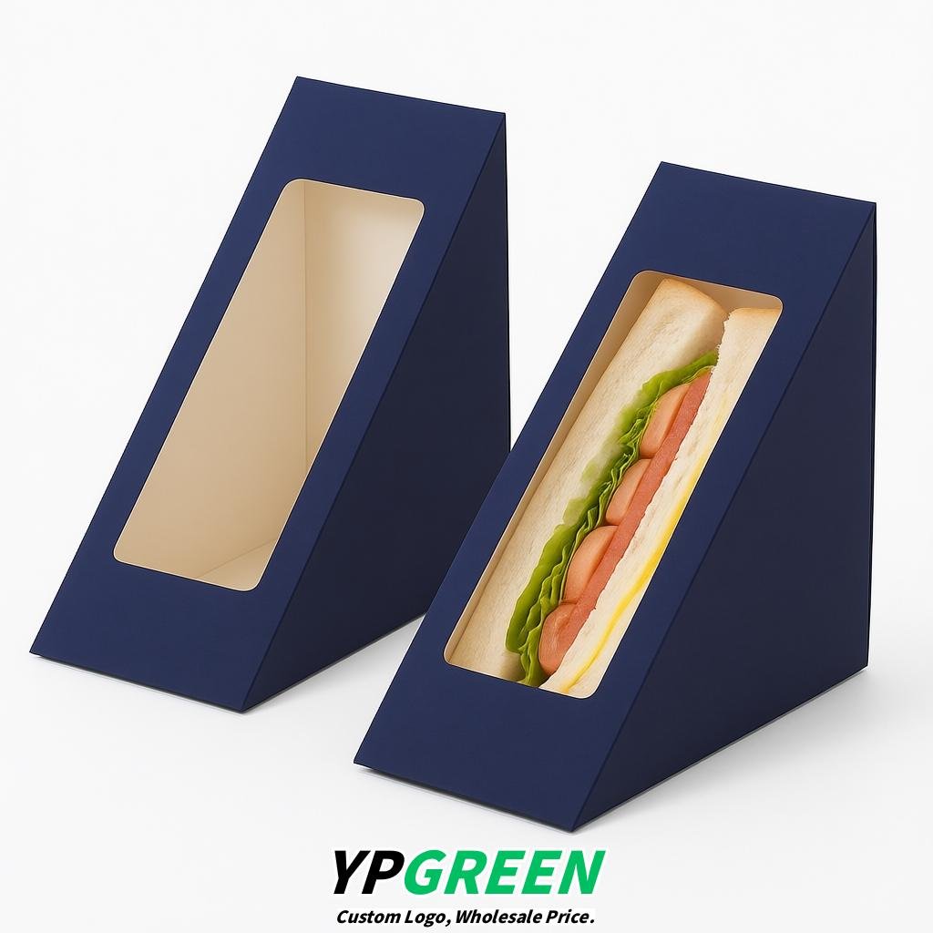 Indigo Triangle Paper Sandwich Boxes with Window 4.7x4.7x2.6 Inch - Factory Direct