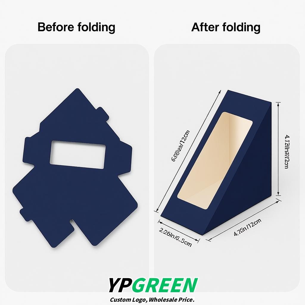 Indigo Triangle Paper Sandwich Boxes with Window 4.7x4.7x2.6 Inch - Factory Direct