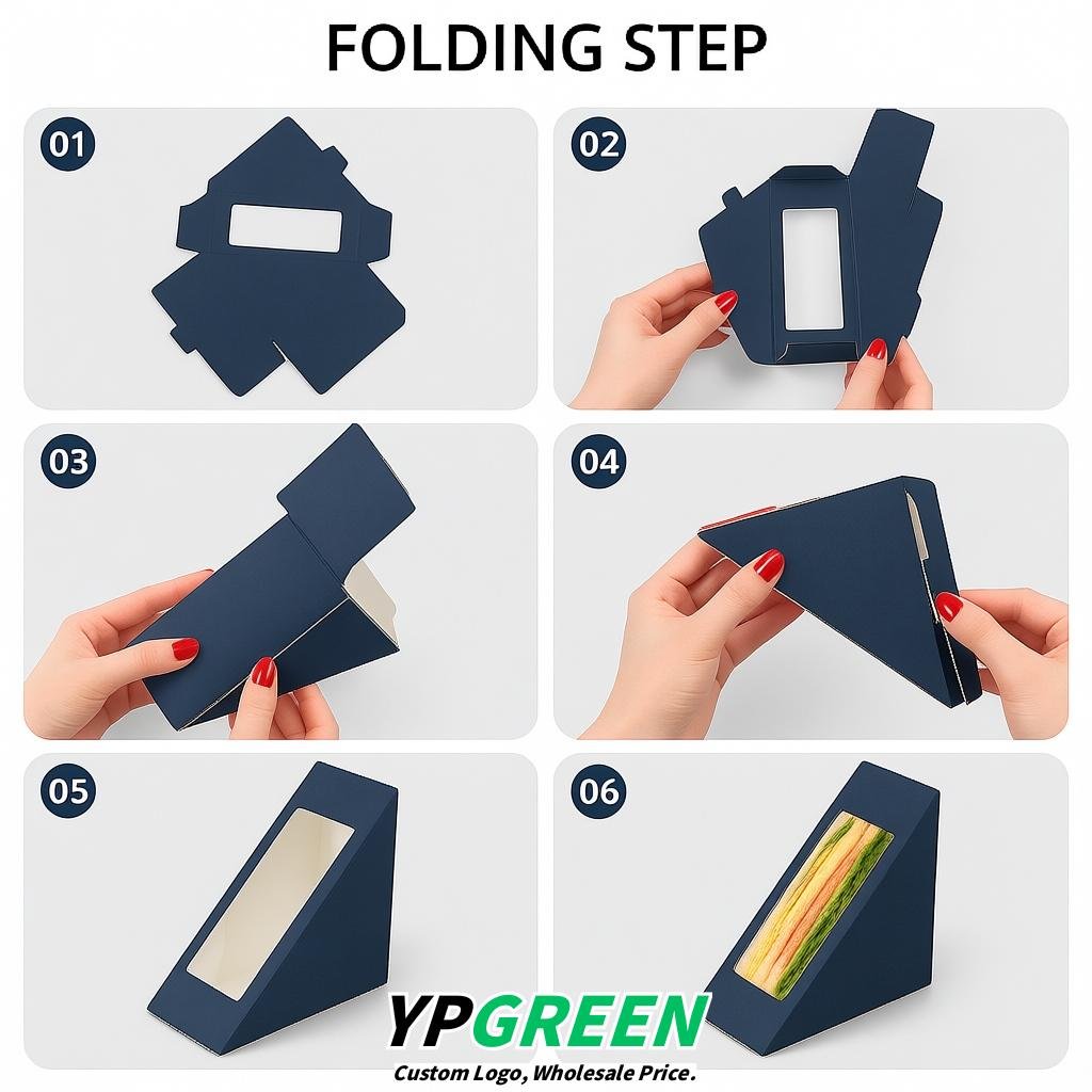 Indigo Triangle Paper Sandwich Boxes with Window 4.7x4.7x2.6 Inch - Factory Direct