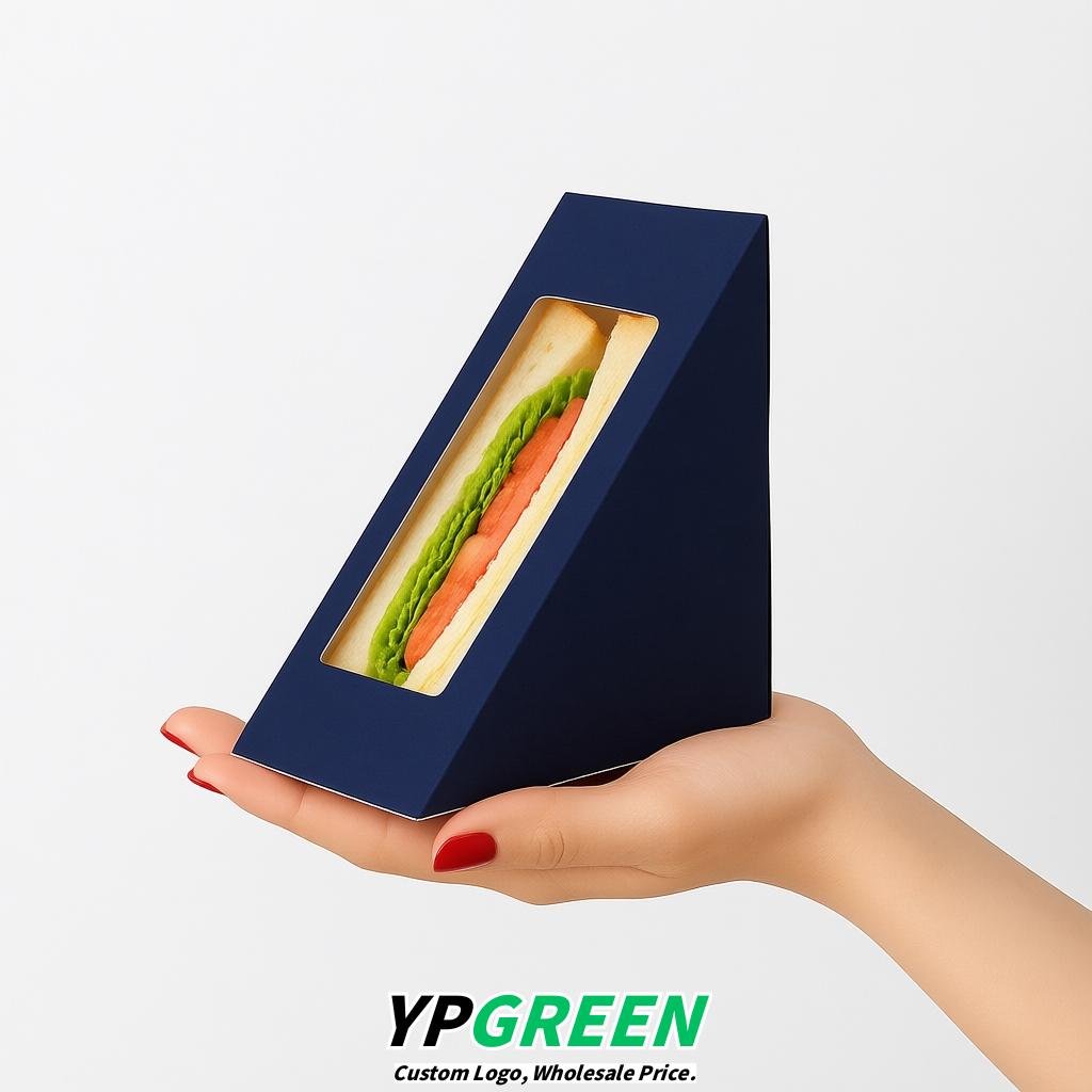 Indigo Triangle Paper Sandwich Boxes with Window 4.7x4.7x2.6 Inch - Factory Direct