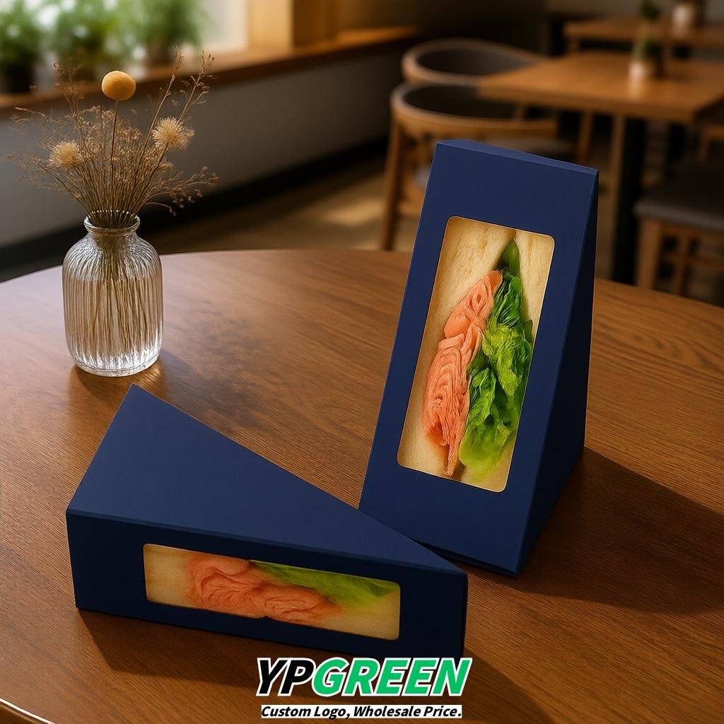 Indigo Triangle Paper Sandwich Boxes with Window 4.7x4.7x2.6 Inch - Factory Direct