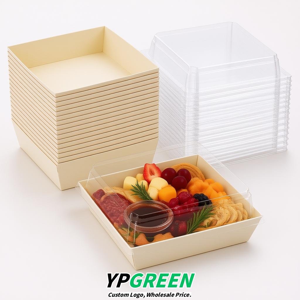 Ivory Charcuterie Boxes with Clear Lids - 4 inches & 5 inches Disposable Paper Square Food Containers