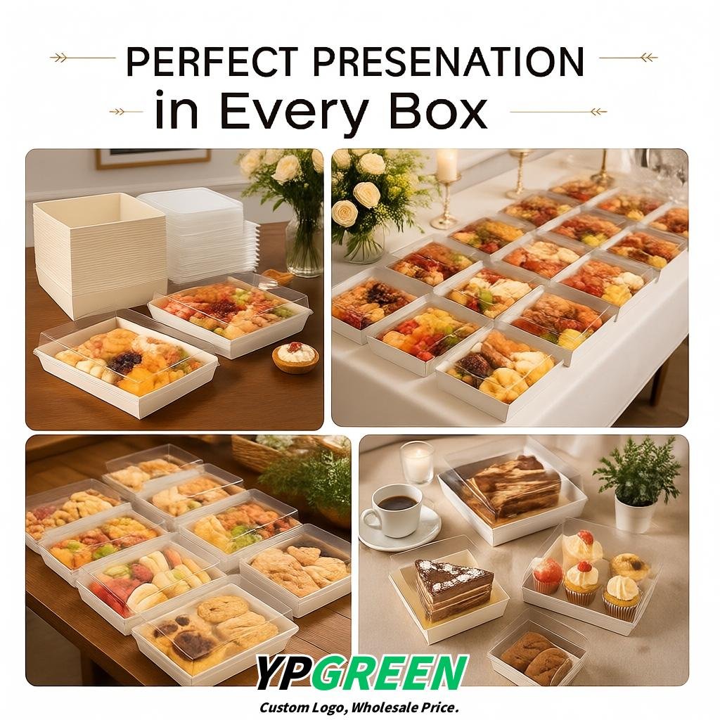 Ivory Charcuterie Boxes with Clear Lids - 4 inches & 5 inches Disposable Paper Square Food Containers