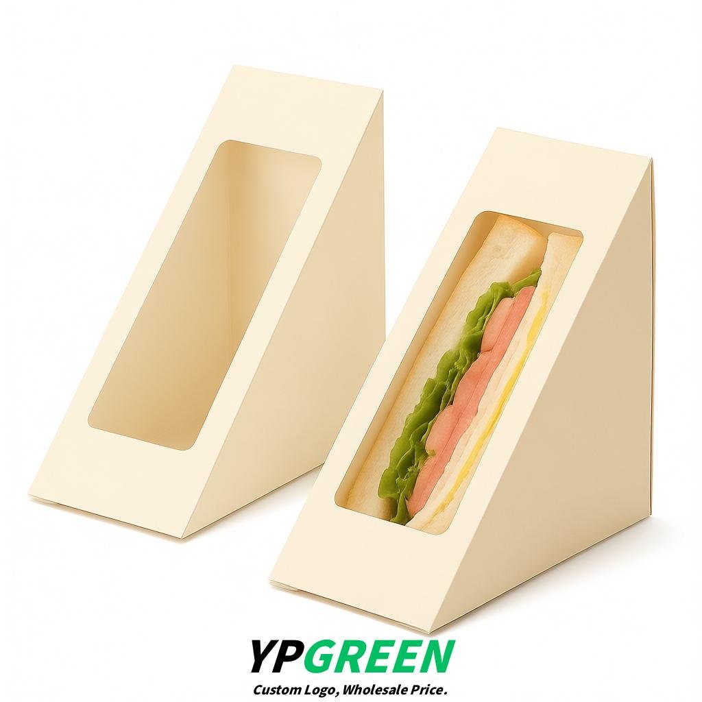 Ivory Triangle Paper Sandwich Boxes with Window 4.7x4.7x2.6 Inch - Factory Direct