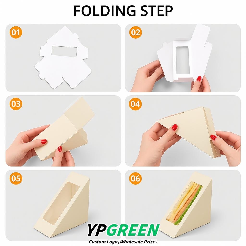Ivory Triangle Paper Sandwich Boxes with Window 4.7x4.7x2.6 Inch - Factory Direct