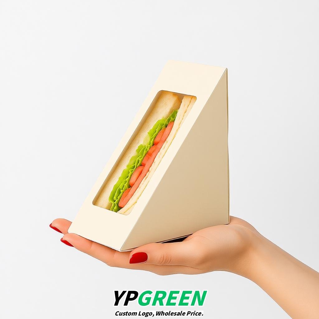 Ivory Triangle Paper Sandwich Boxes with Window 4.7x4.7x2.6 Inch - Factory Direct