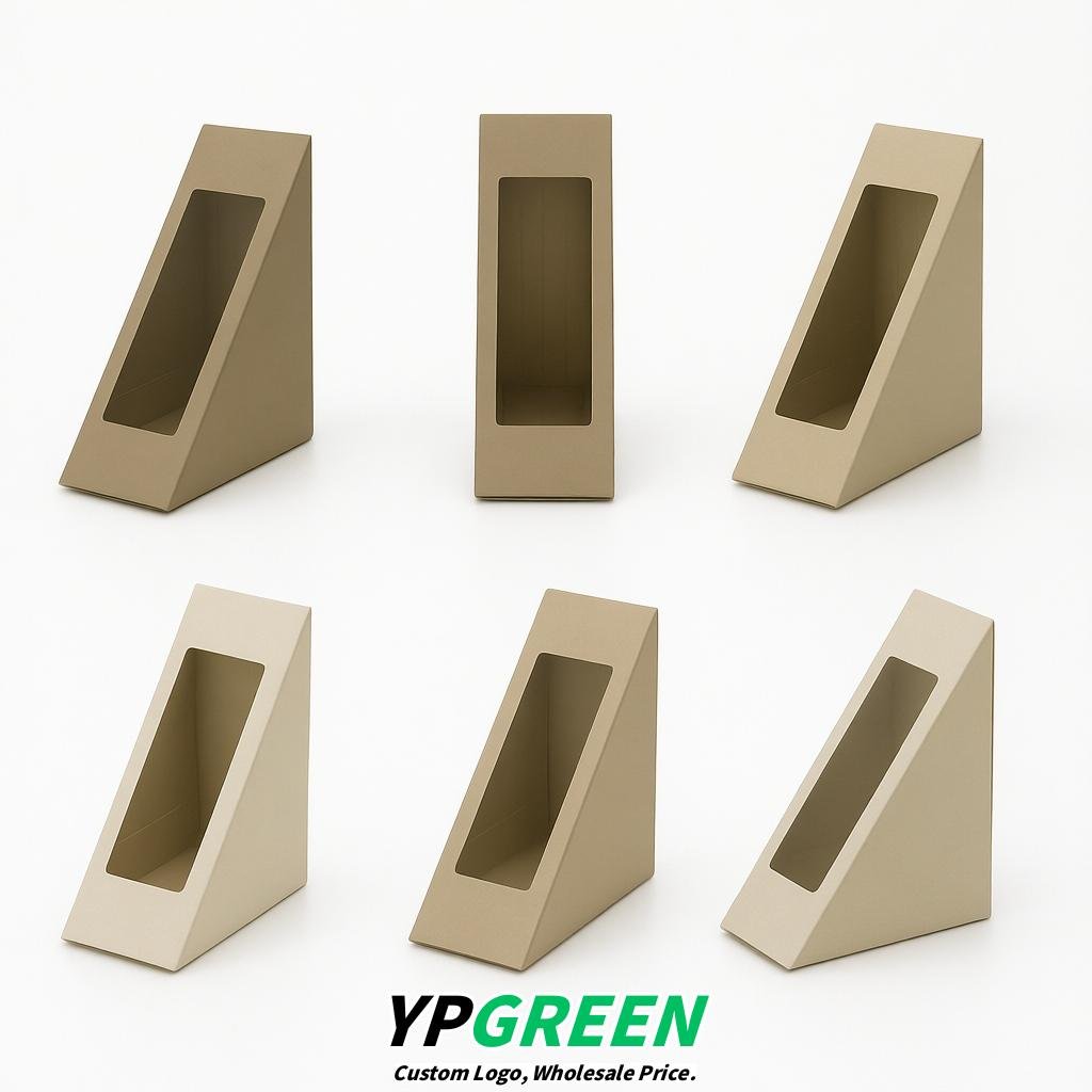 Ivory Triangle Paper Sandwich Boxes with Window 4.7x4.7x2.6 Inch - Factory Direct