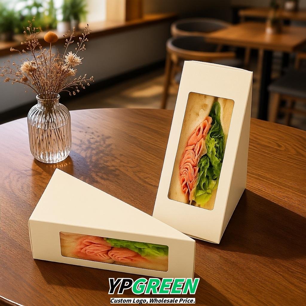 Ivory Triangle Paper Sandwich Boxes with Window 4.7x4.7x2.6 Inch - Factory Direct