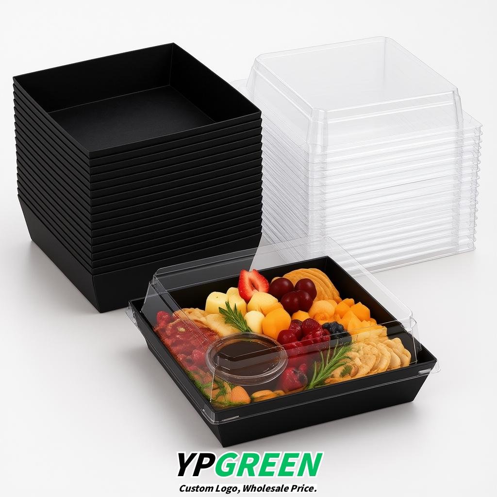 Jet Black Charcuterie Boxes with Clear Lids - 4 inches & 5 inches Disposable Paper Square Food Containers