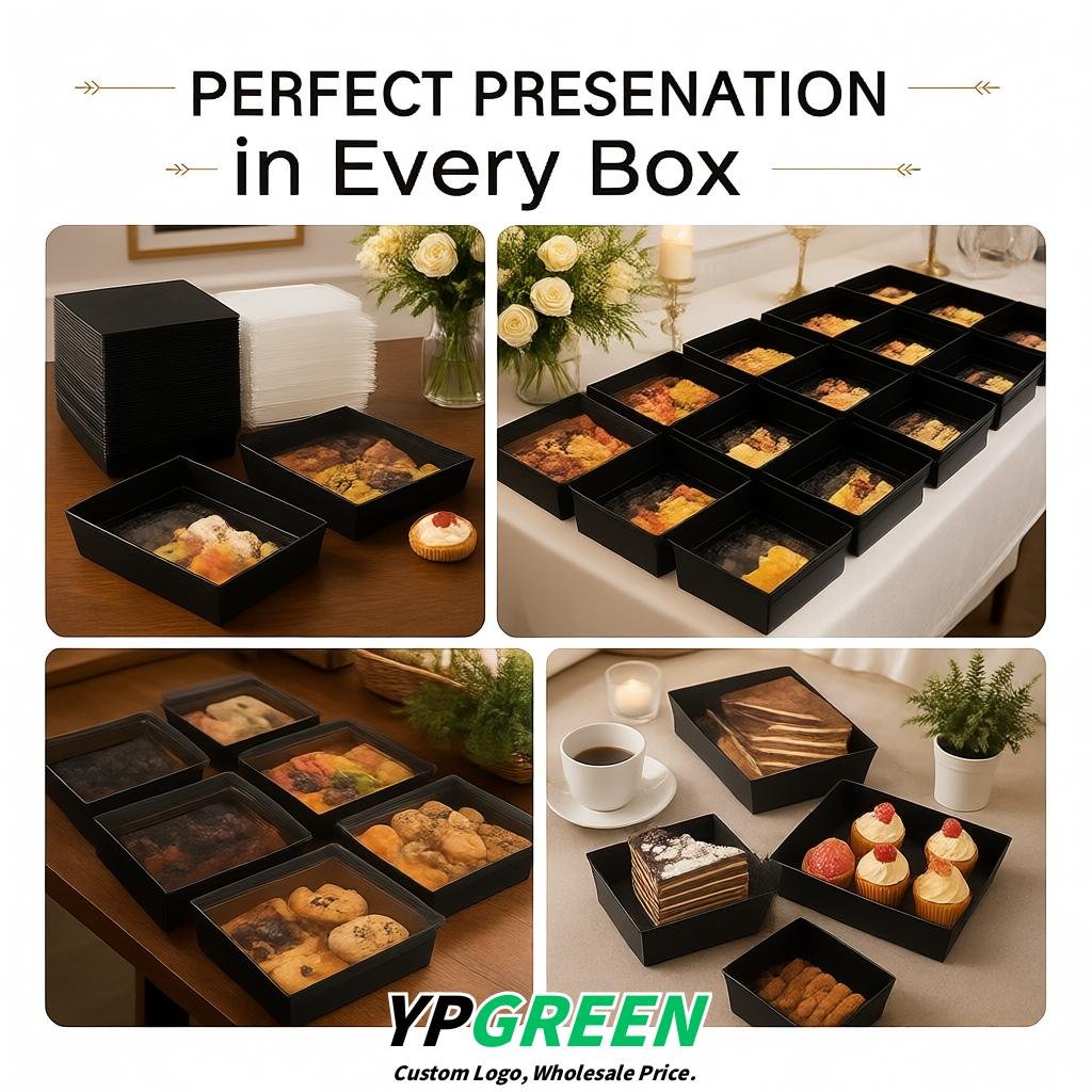 Jet Black Charcuterie Boxes with Clear Lids - 4 inches & 5 inches Disposable Paper Square Food Containers