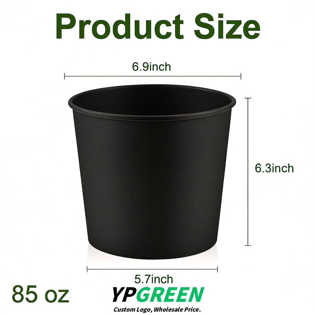 Jet Black 85 oz Paper Buckets 6.9x5.7x6.3 Inches Cardboard Food Container