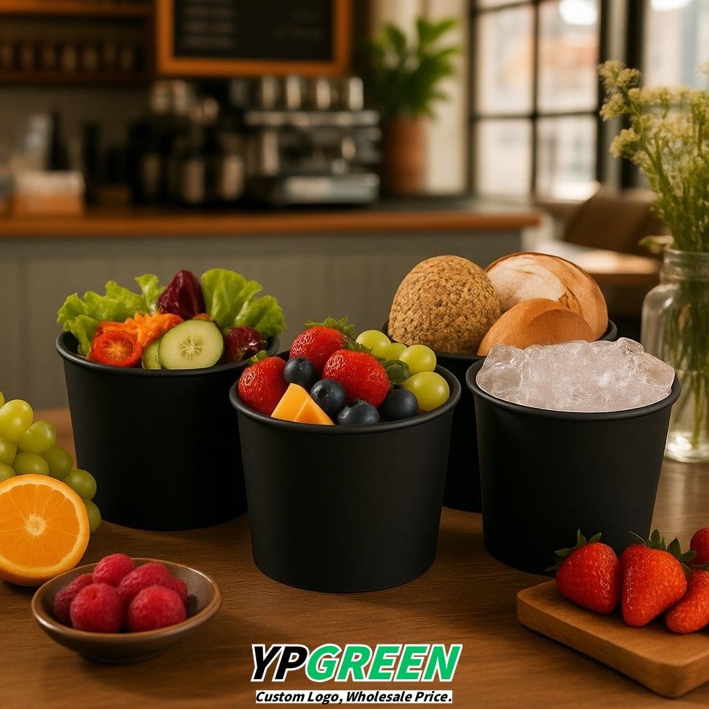 Jet Black 85 oz Paper Buckets 6.9x5.7x6.3 Inches Cardboard Food Container