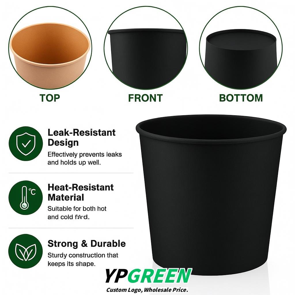 Jet Black 85 oz Paper Buckets 6.9x5.7x6.3 Inches Cardboard Food Container