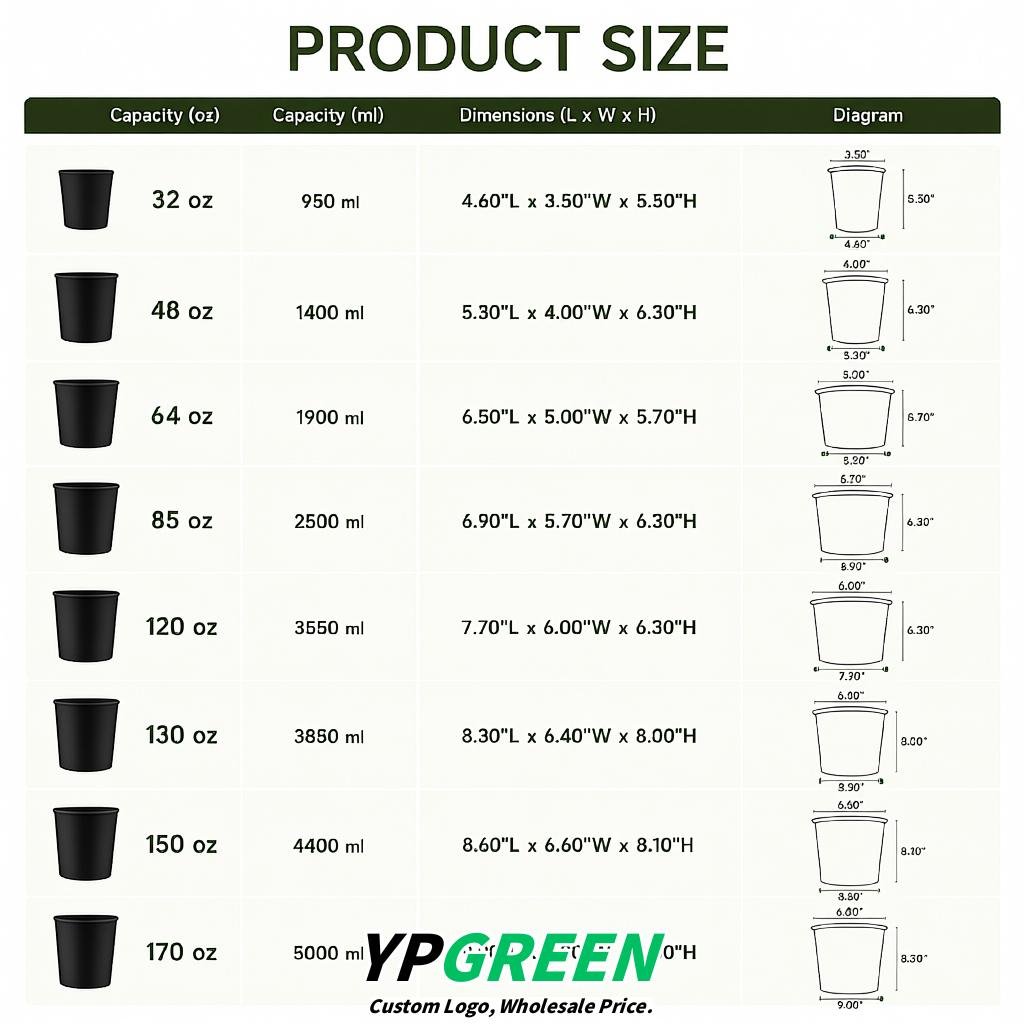 Jet Black 85 oz Paper Buckets 6.9x5.7x6.3 Inches Cardboard Food Container