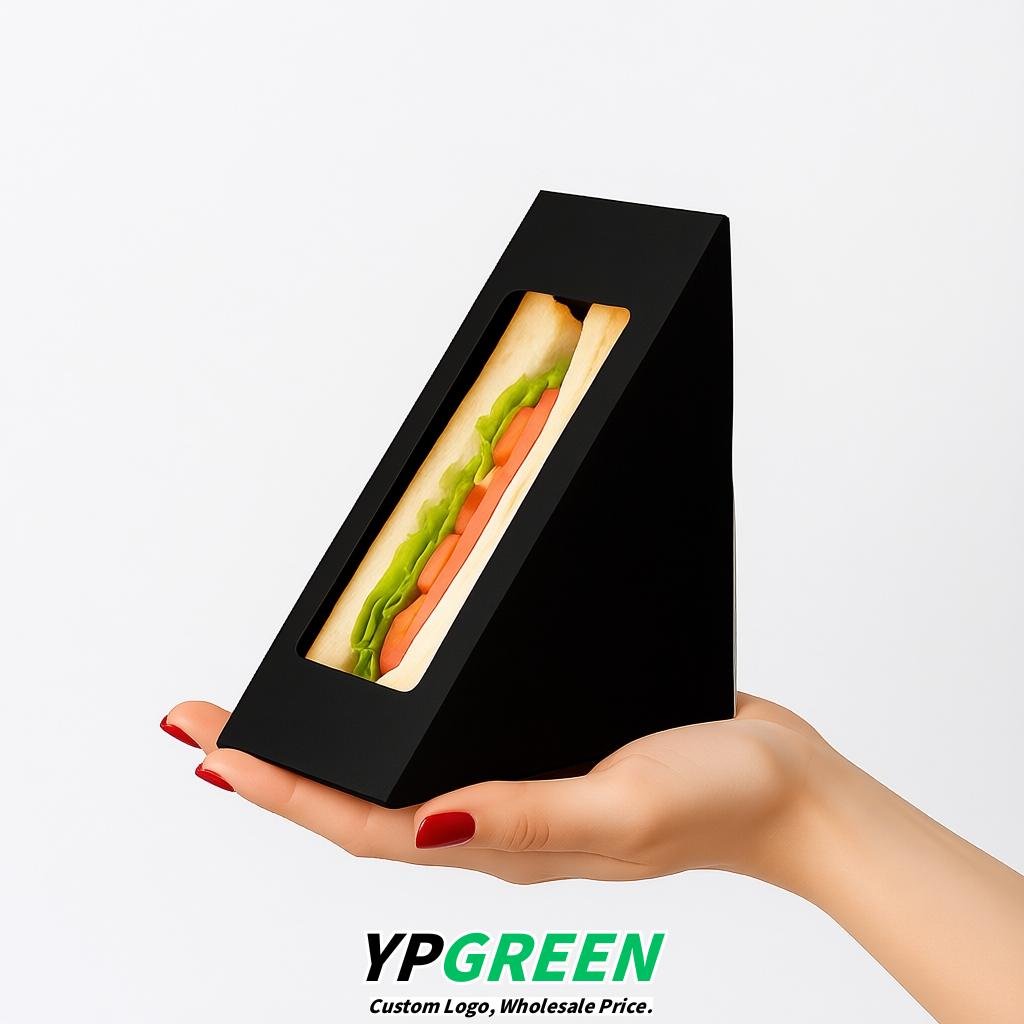 Jet Black Triangle Paper Sandwich Boxes with Window 4.7x4.7x2.6 Inch - Factory Direct