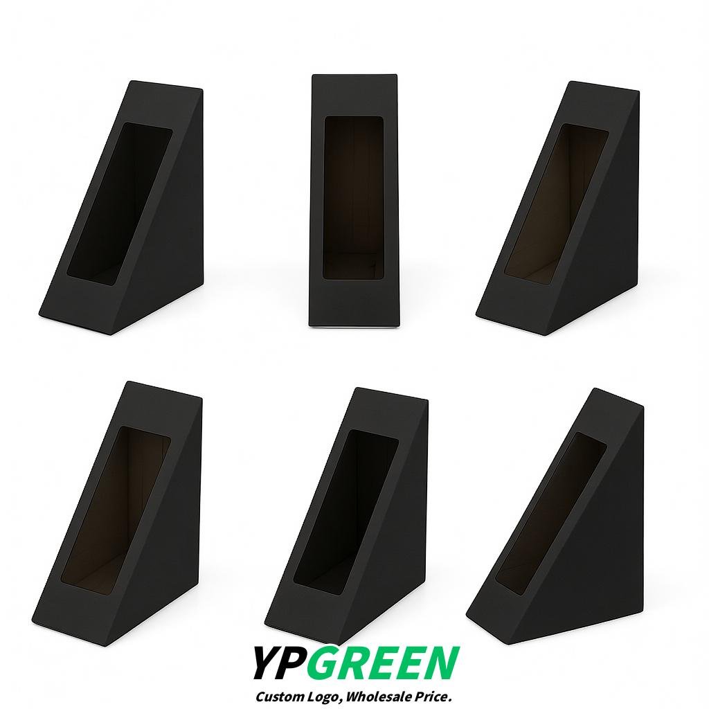 Jet Black Triangle Paper Sandwich Boxes with Window 4.7x4.7x2.6 Inch - Factory Direct