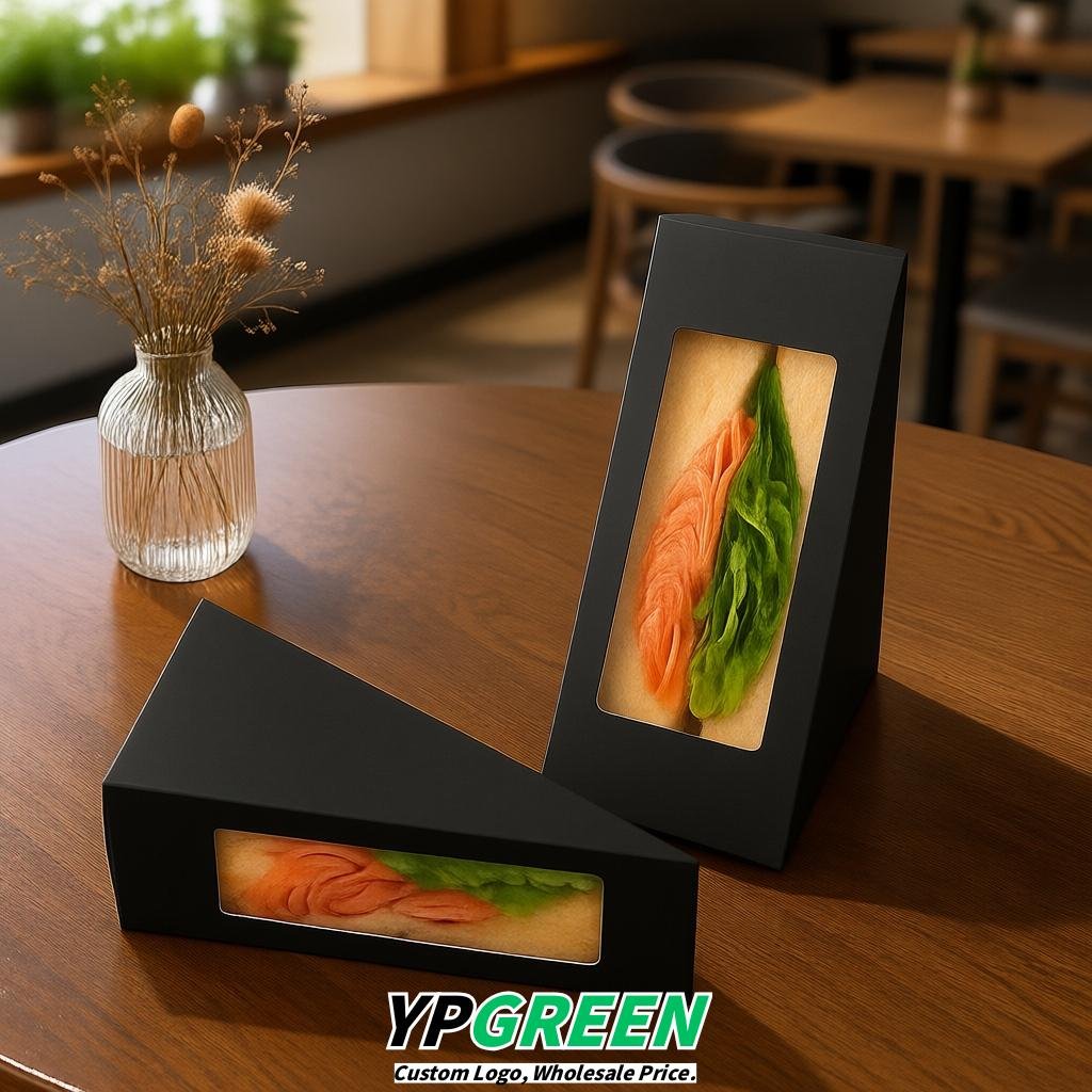 Jet Black Triangle Paper Sandwich Boxes with Window 4.7x4.7x2.6 Inch - Factory Direct