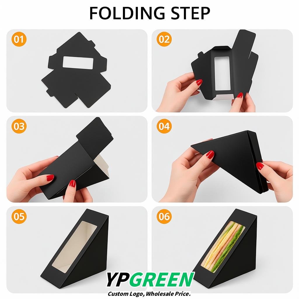 Jet Black Triangle Paper Sandwich Boxes with Window 4.7x4.7x2.6 Inch - Factory Direct
