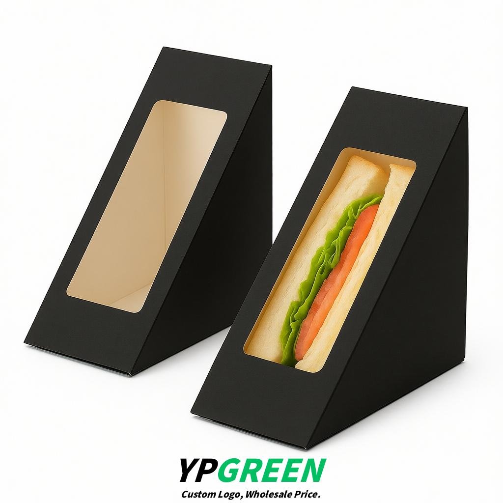 Jet Black Triangle Paper Sandwich Boxes with Window 4.7x4.7x2.6 Inch - Factory Direct