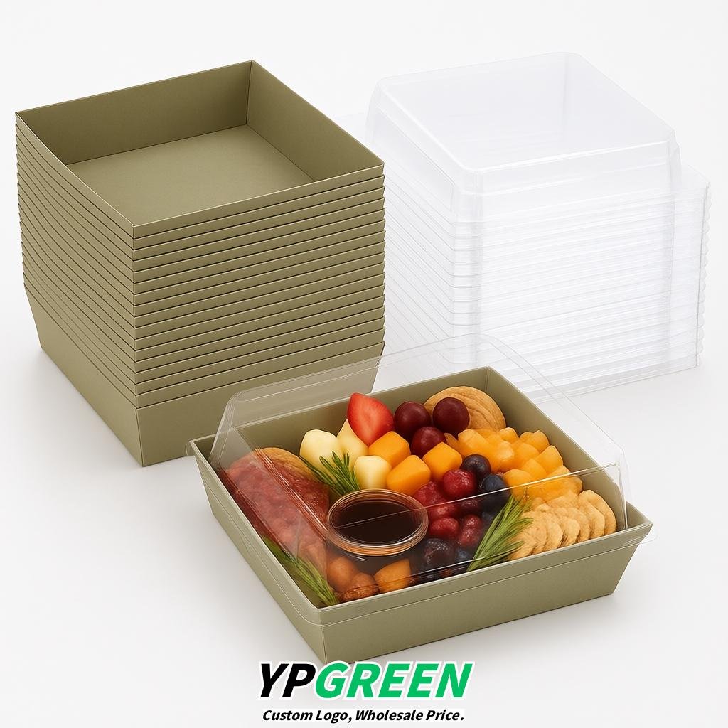 Khaki Charcuterie Boxes with Clear Lids - 4 inches & 5 inches Disposable Paper Square Food Containers