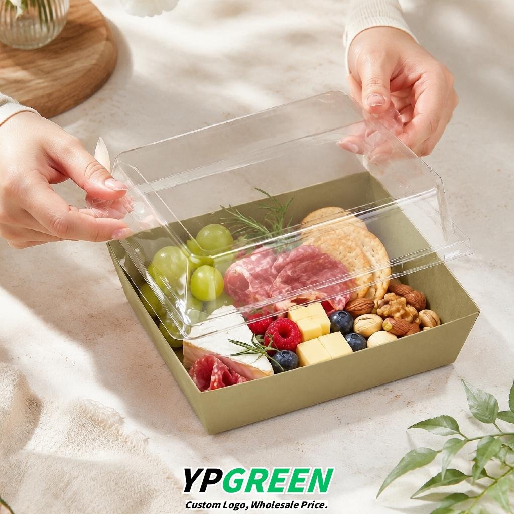 Khaki Charcuterie Boxes with Clear Lids - 4 inches & 5 inches Disposable Paper Square Food Containers