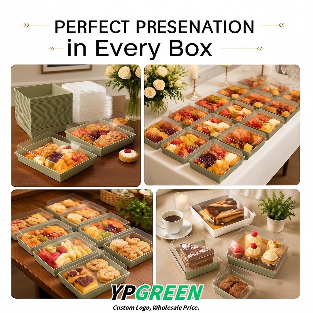 Khaki Charcuterie Boxes with Clear Lids - 4 inches & 5 inches Disposable Paper Square Food Containers