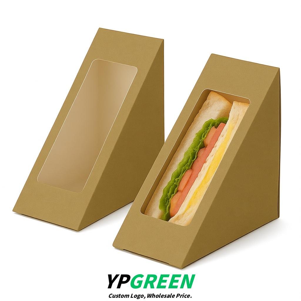 Khaki Triangle Paper Sandwich Boxes with Window 4.7x4.7x2.6 Inch - Factory Direct