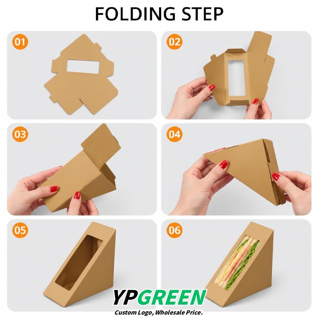 Khaki Triangle Paper Sandwich Boxes with Window 4.7x4.7x2.6 Inch - Factory Direct