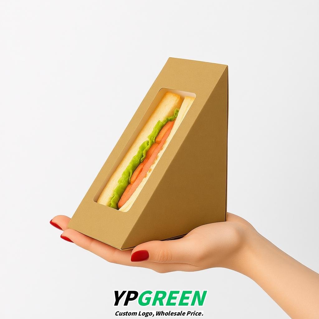 Khaki Triangle Paper Sandwich Boxes with Window 4.7x4.7x2.6 Inch - Factory Direct