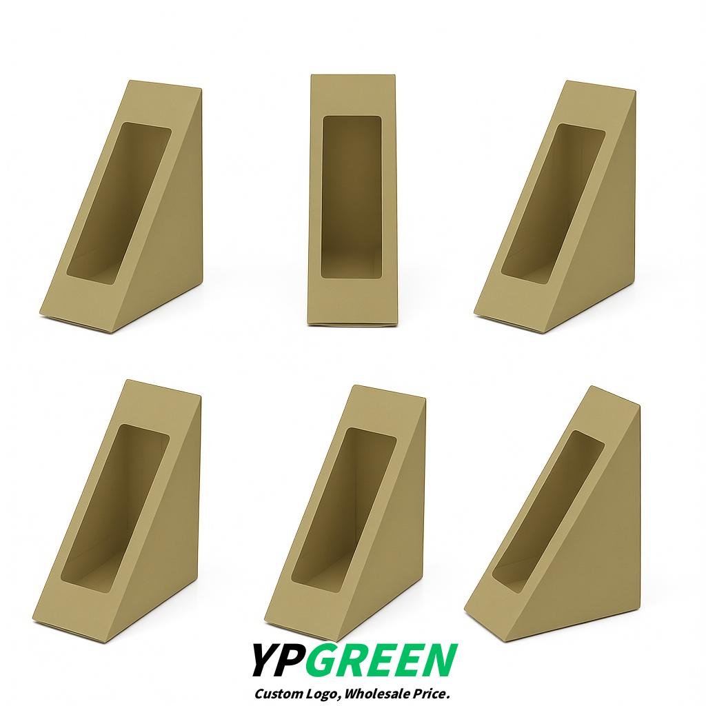 Khaki Triangle Paper Sandwich Boxes with Window 4.7x4.7x2.6 Inch - Factory Direct