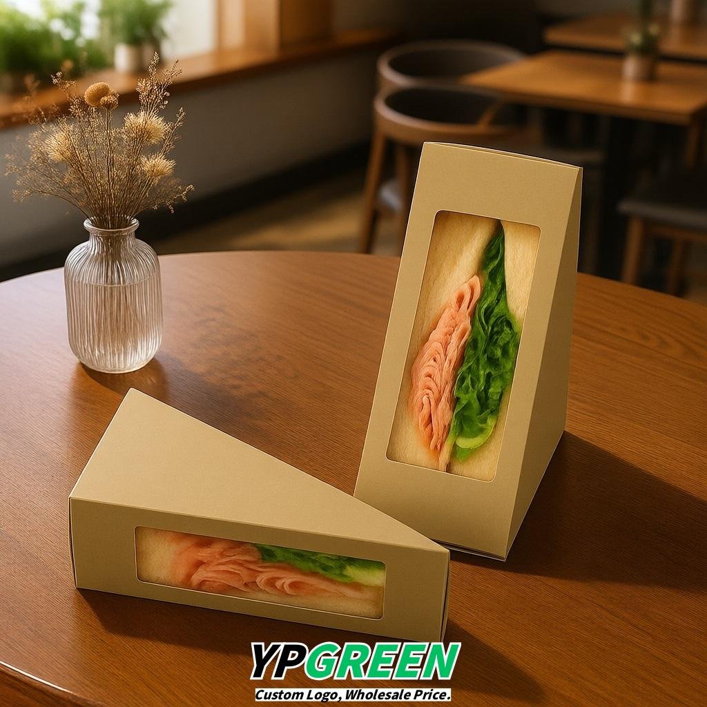 Khaki Triangle Paper Sandwich Boxes with Window 4.7x4.7x2.6 Inch - Factory Direct