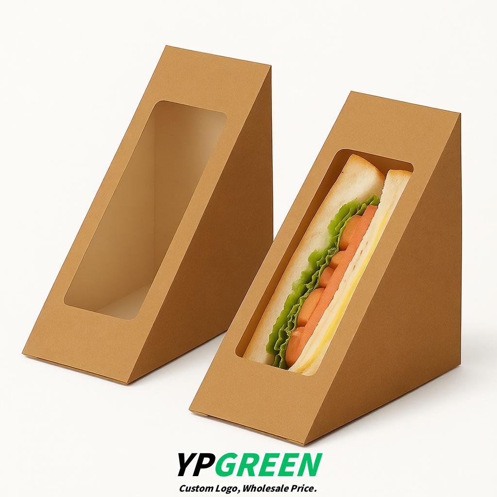 Kraft Brown Triangle Paper Sandwich Boxes with Window 4.7x4.7x2.6 Inch - Factory Direct