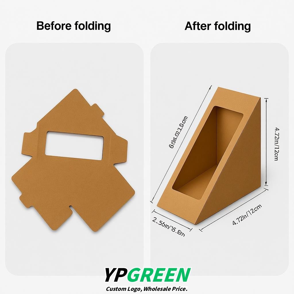 Kraft Brown Triangle Paper Sandwich Boxes with Window 4.7x4.7x2.6 Inch - Factory Direct