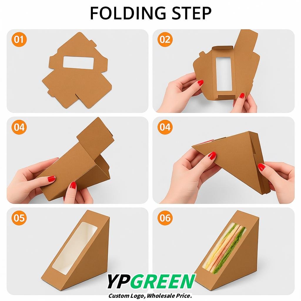 Kraft Brown Triangle Paper Sandwich Boxes with Window 4.7x4.7x2.6 Inch - Factory Direct