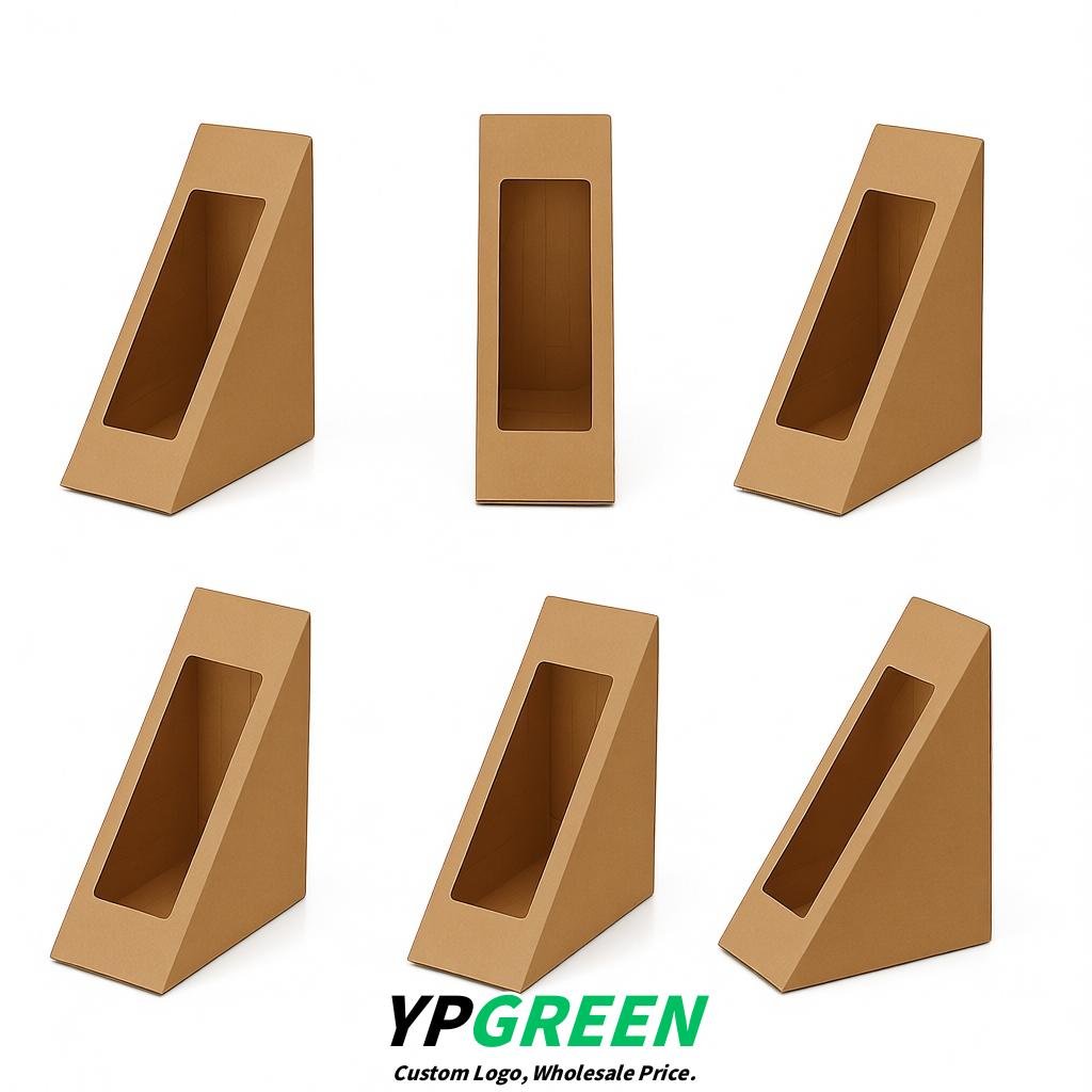 Kraft Brown Triangle Paper Sandwich Boxes with Window 4.7x4.7x2.6 Inch - Factory Direct
