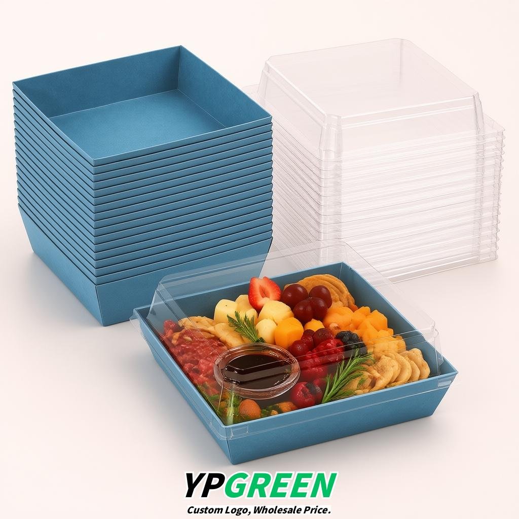 Lake Blue Charcuterie Boxes with Clear Lids - 4 inches & 5 inches Disposable Paper Square Food Containers