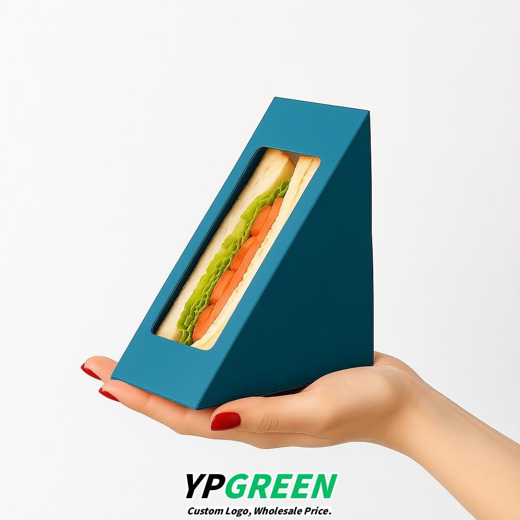 Lake Blue Triangle Paper Sandwich Boxes with Window 4.7x4.7x2.6 Inch - Factory Direct