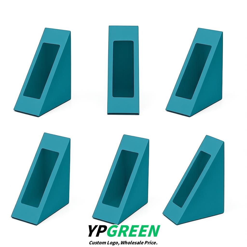 Lake Blue Triangle Paper Sandwich Boxes with Window 4.7x4.7x2.6 Inch - Factory Direct