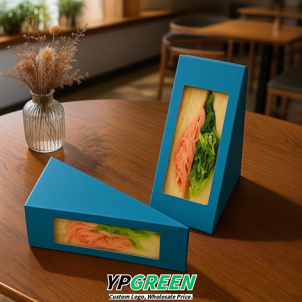 Lake Blue Triangle Paper Sandwich Boxes with Window 4.7x4.7x2.6 Inch - Factory Direct