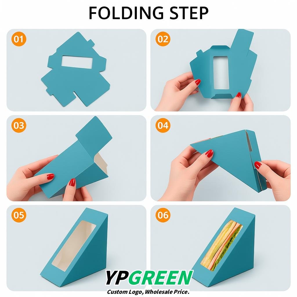 Lake Blue Triangle Paper Sandwich Boxes with Window 4.7x4.7x2.6 Inch - Factory Direct