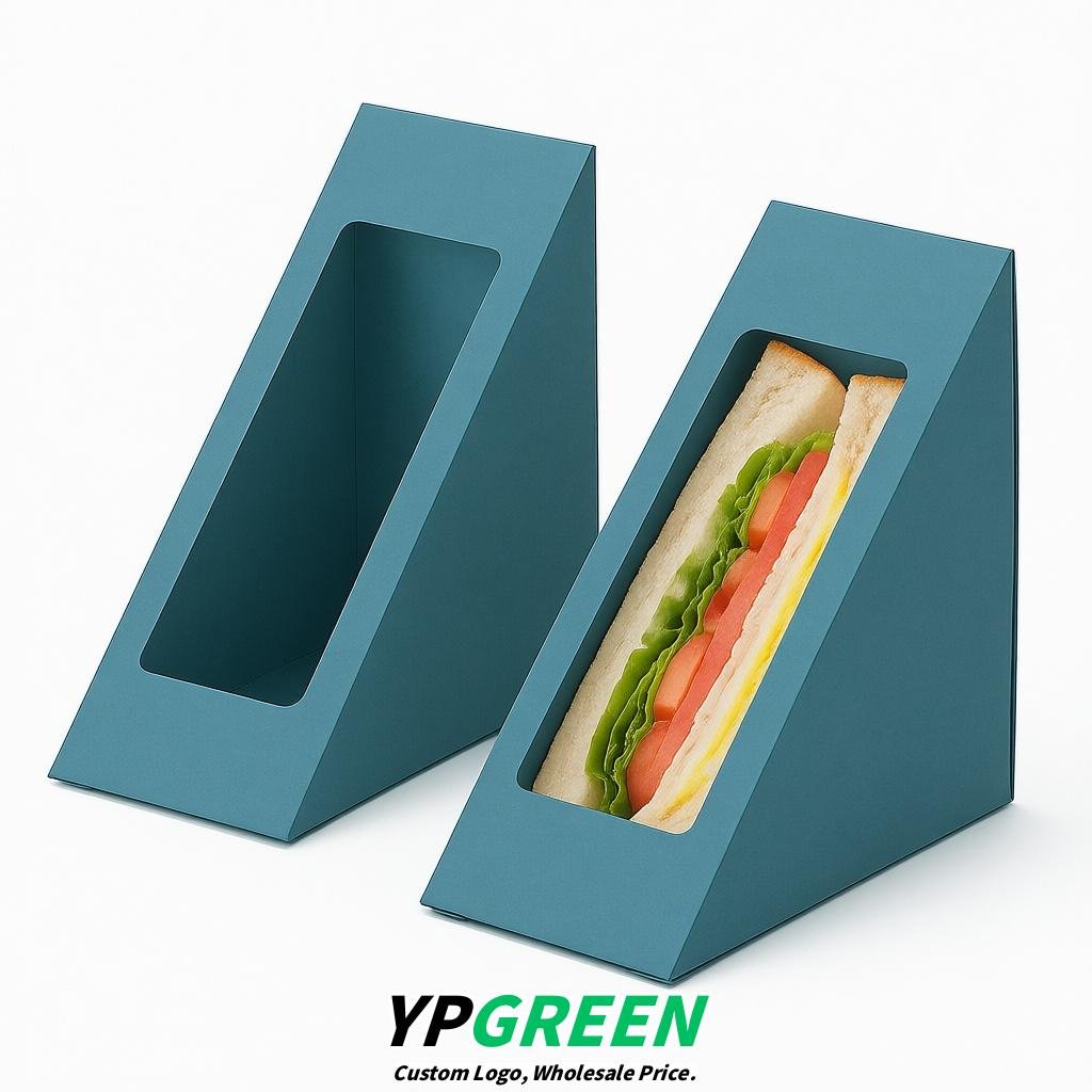 Lake Blue Triangle Paper Sandwich Boxes with Window 4.7x4.7x2.6 Inch - Factory Direct