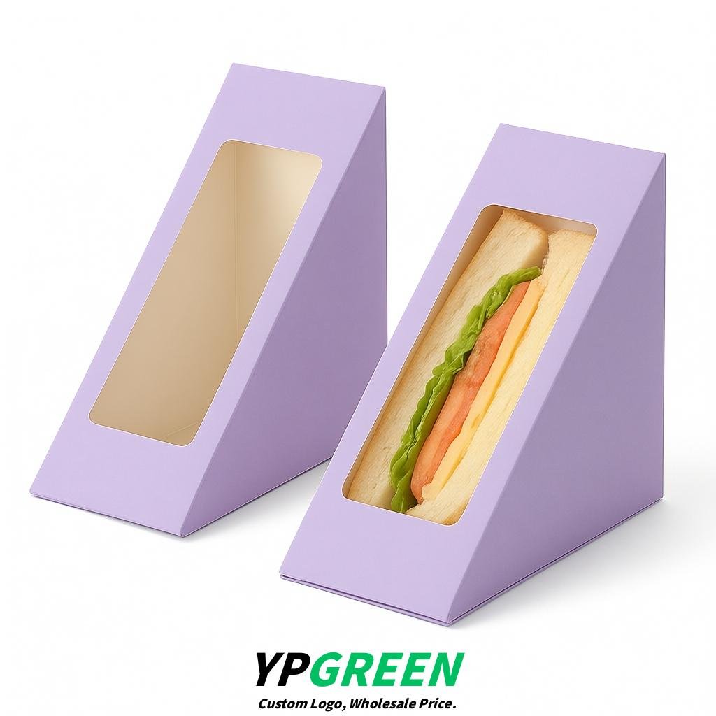 Lavender Triangle Paper Sandwich Boxes with Window 4.7x4.7x2.6 Inch - Factory Direct