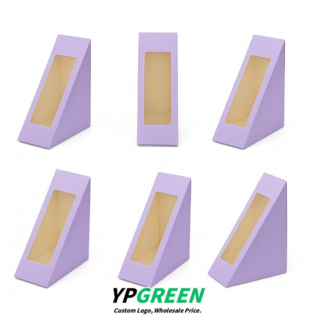 Lavender Triangle Paper Sandwich Boxes with Window 4.7x4.7x2.6 Inch - Factory Direct