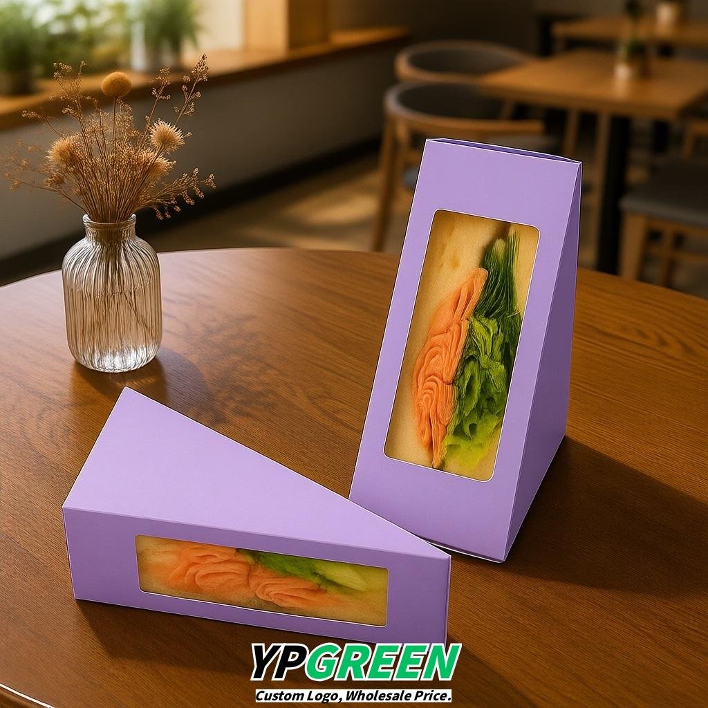 Lavender Triangle Paper Sandwich Boxes with Window 4.7x4.7x2.6 Inch - Factory Direct